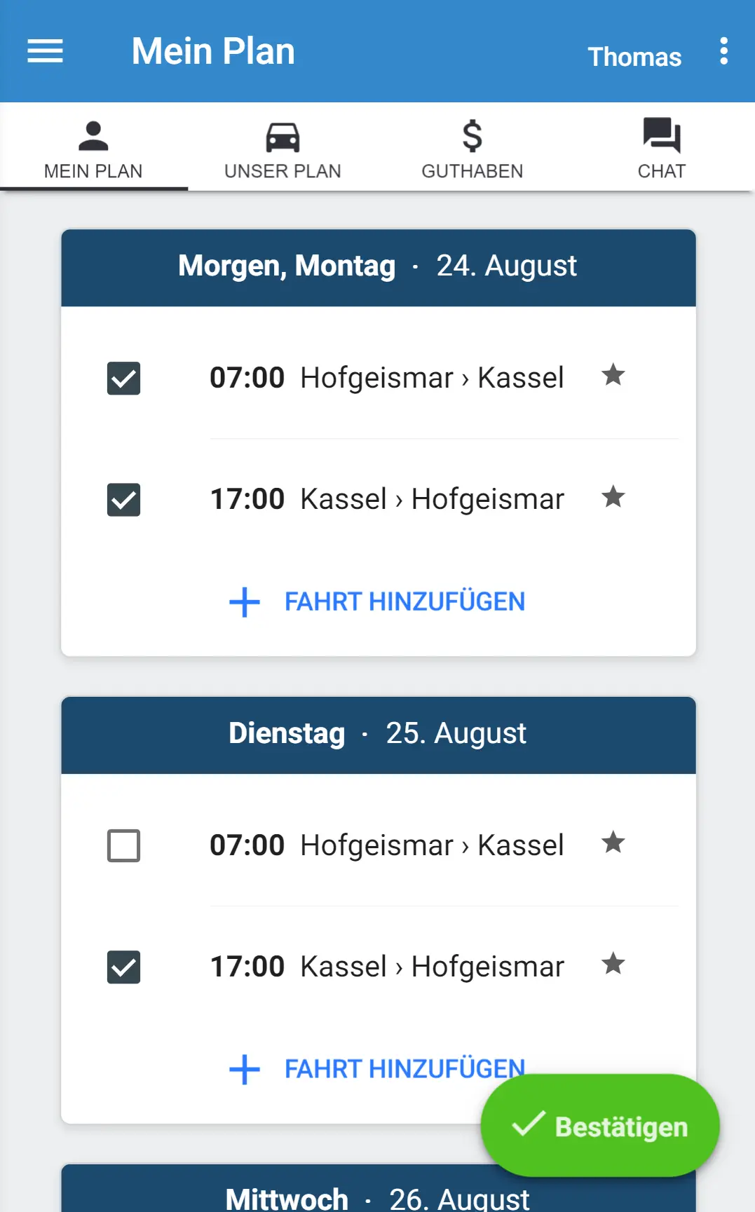 Mein Plan mit Mitfahrwünschen in MyCarpoolApp