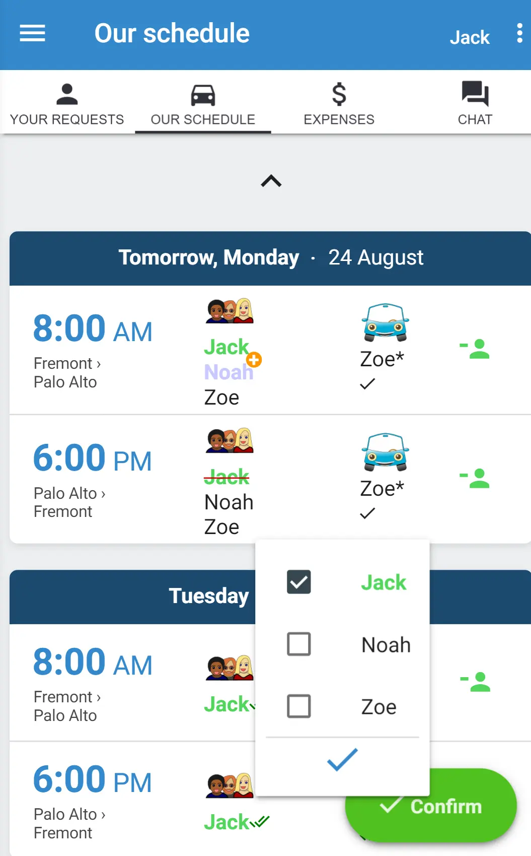 Shared plan with drivers and passengers in MyCarpoolApp