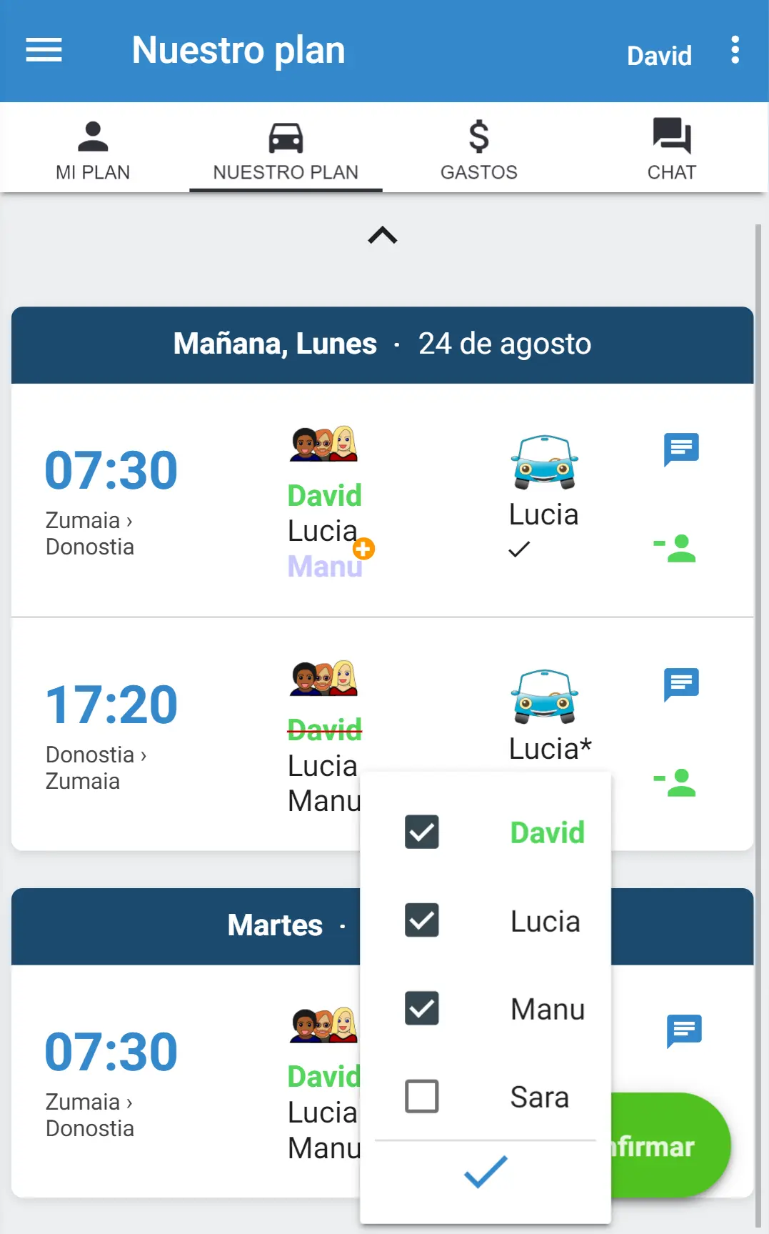 Plan común con conductores y pasajeros en MyCarpoolApp